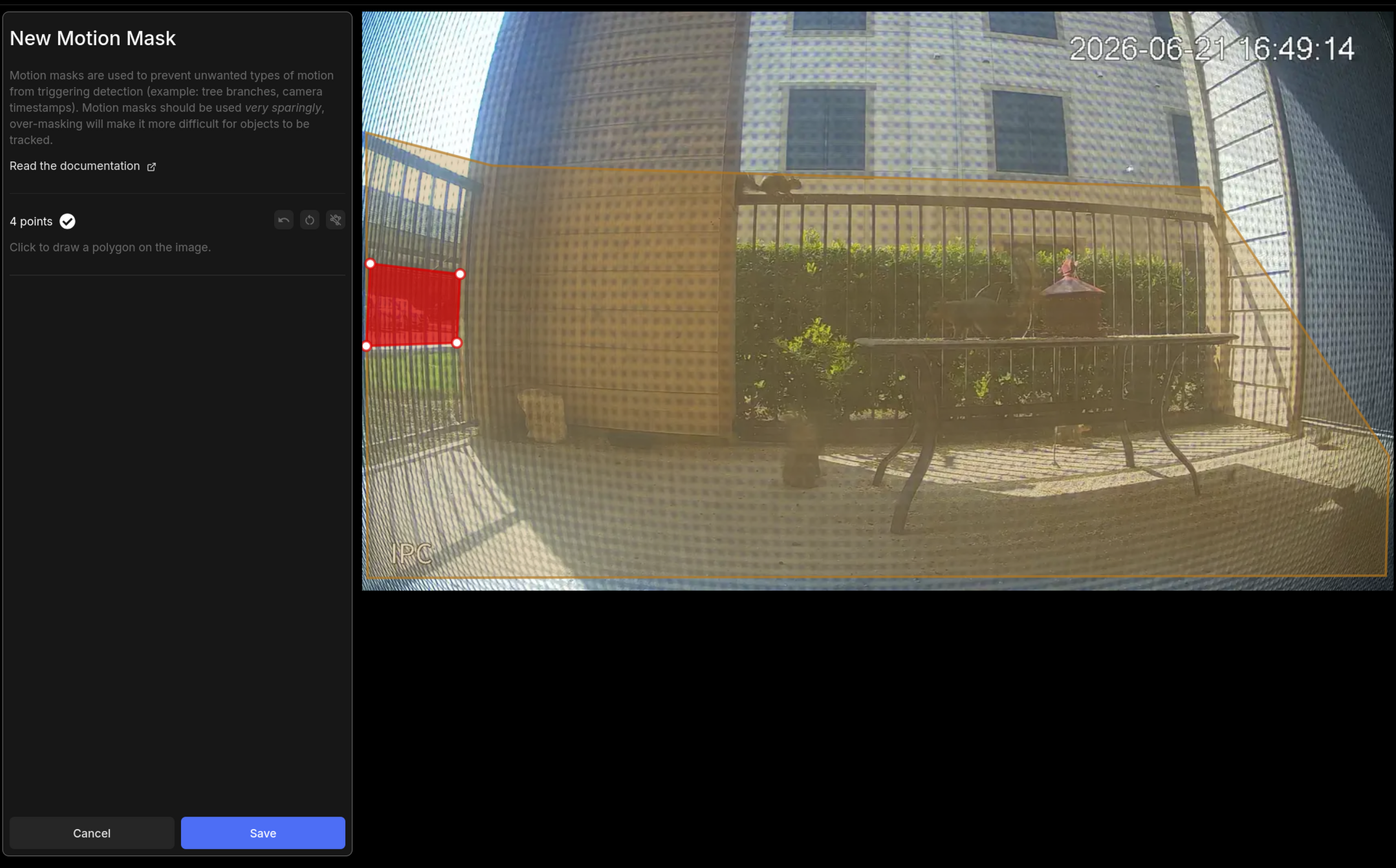 Motion mask drawing editor in Frigate with a polygon covering an area to be excluded