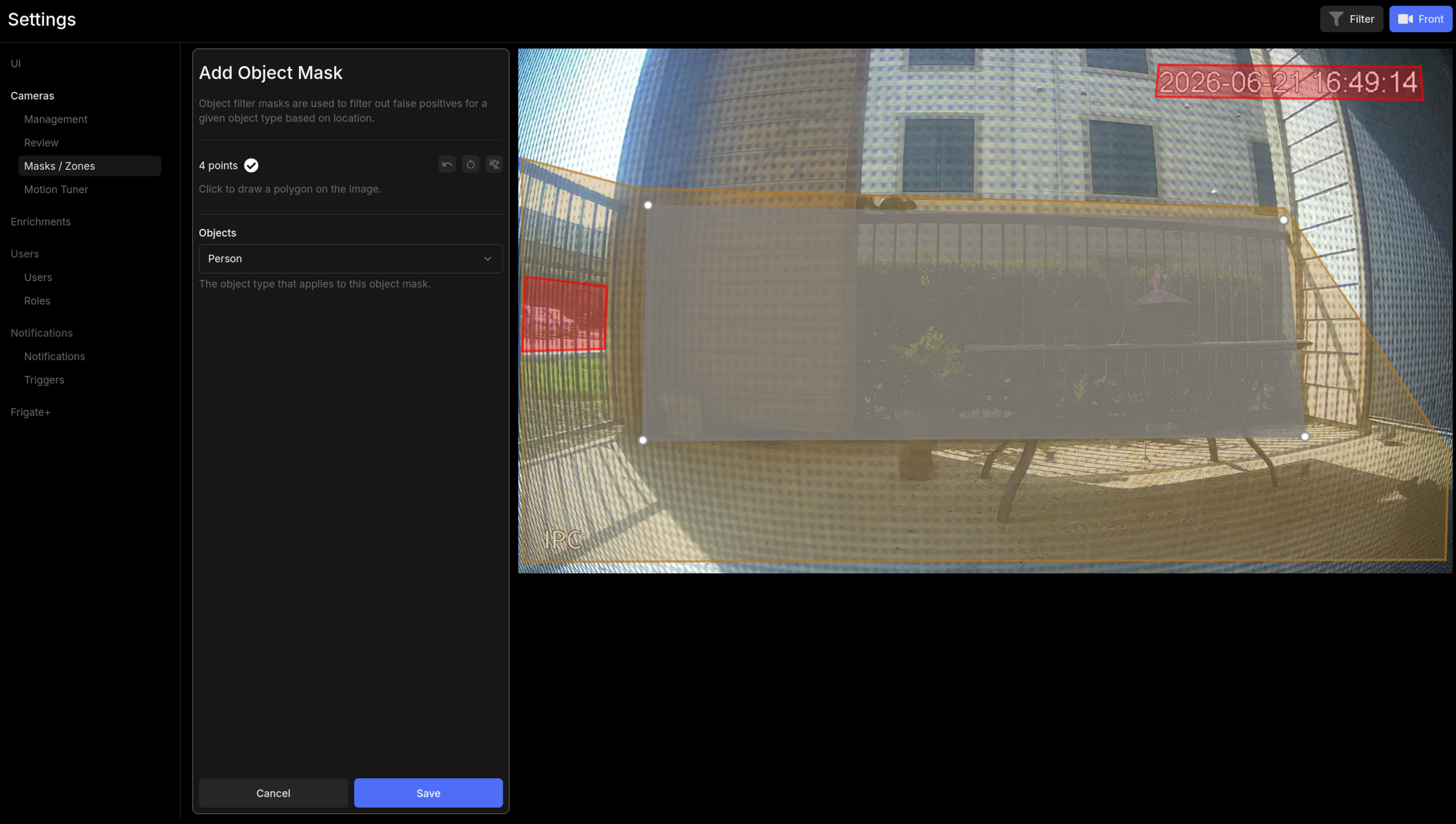 Object mask drawing editor in Frigate with an object type selected and polygon drawn