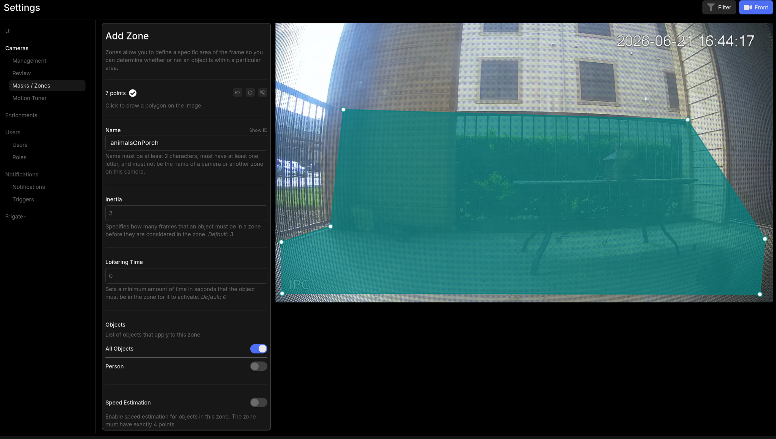 Zone drawing editor in Frigate showing a polygon overlaid on the camera feed