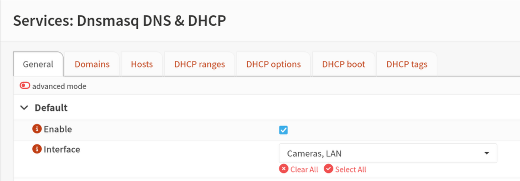 Dnsmasq General tab with Enable checked and the Cameras interface selected