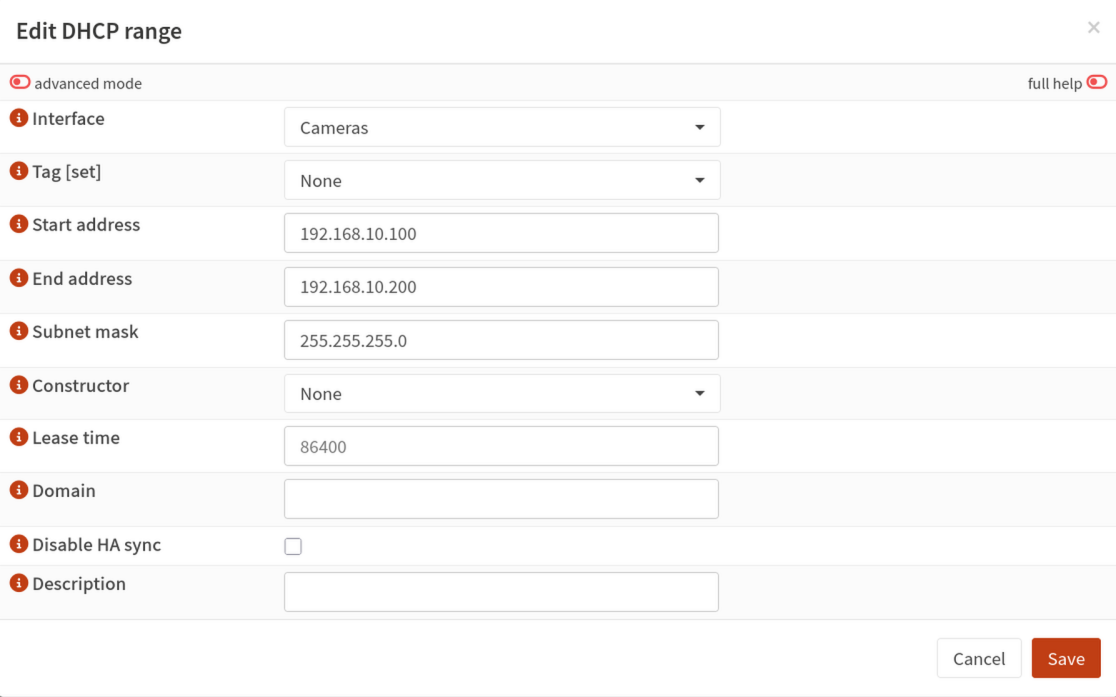 Edit DHCP range form with the Cameras interface and address pool 192.168.10.100–200
