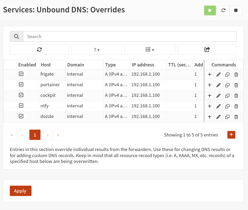 OPNsense Unbound DNS Host Overrides list showing all five NVR service entries
