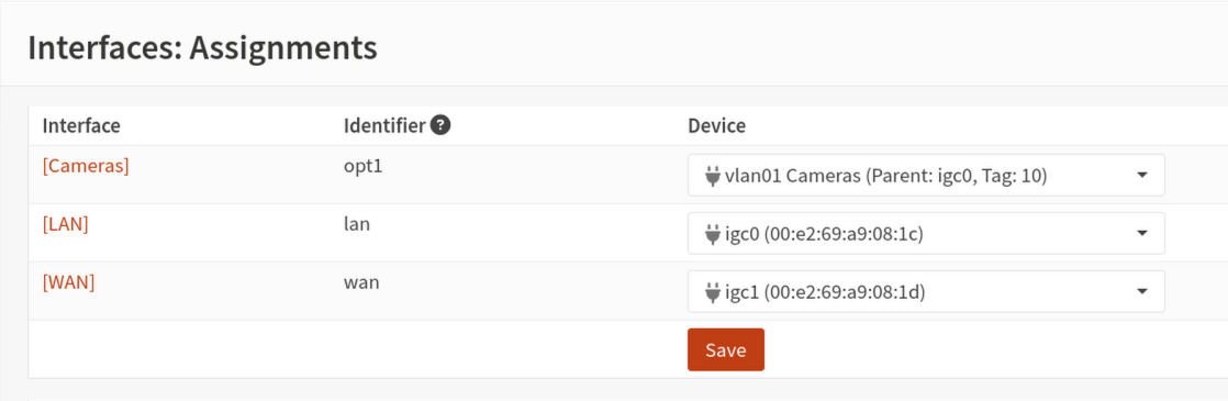 Interfaces: Assignments showing the Cameras VLAN assigned alongside LAN and WAN