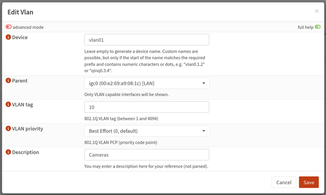 VLAN creation form with tag 10 and parent set to the LAN interface