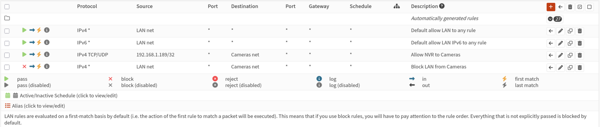 LAN firewall rules showing the NVR allow rule above the block rule
