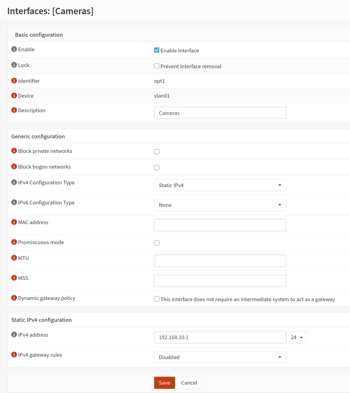 Cameras interface configuration showing Enable checked, Static IPv4, and 192.168.10.1/24